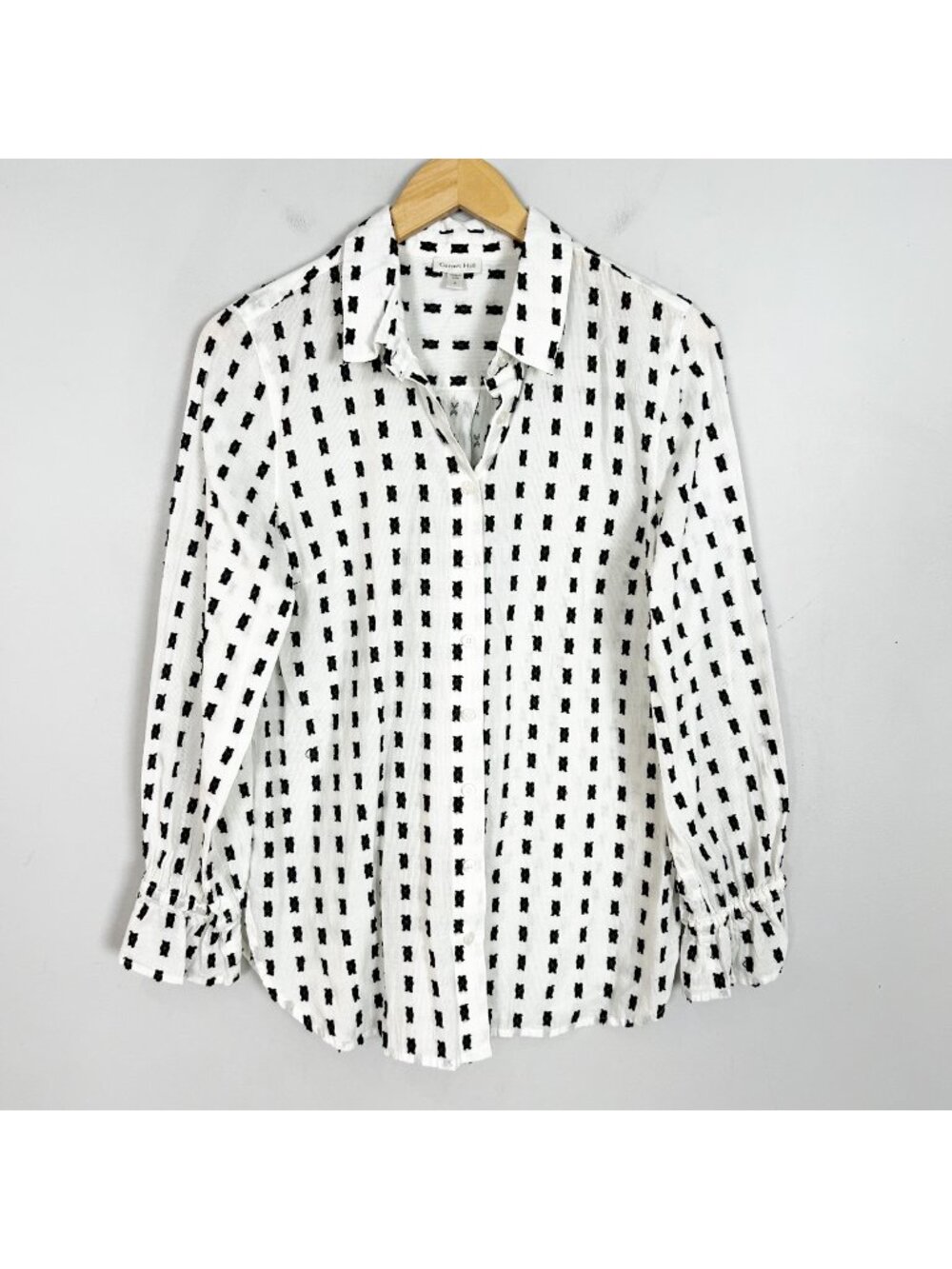 Garnet‎ Hill Clip Dot Organic Cotton Button Down Shirt White & Black Size Small